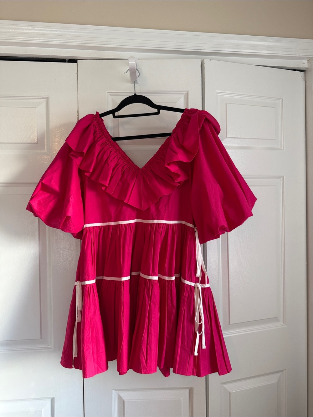 Ruffle V-Neck Mini Dress in Vibrant Pink